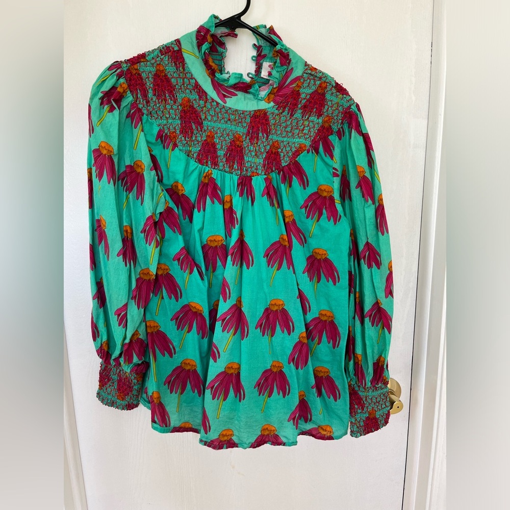 Victoria Dunn Green Floral Smocked Long Sleeve Shirt Size Large